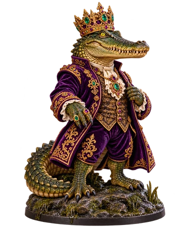 Miniature Crocodile King mascot figurine wearing a gold crown and purple royal coat