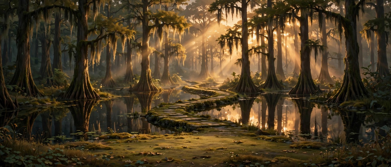 Golden light over a cypress swamp path