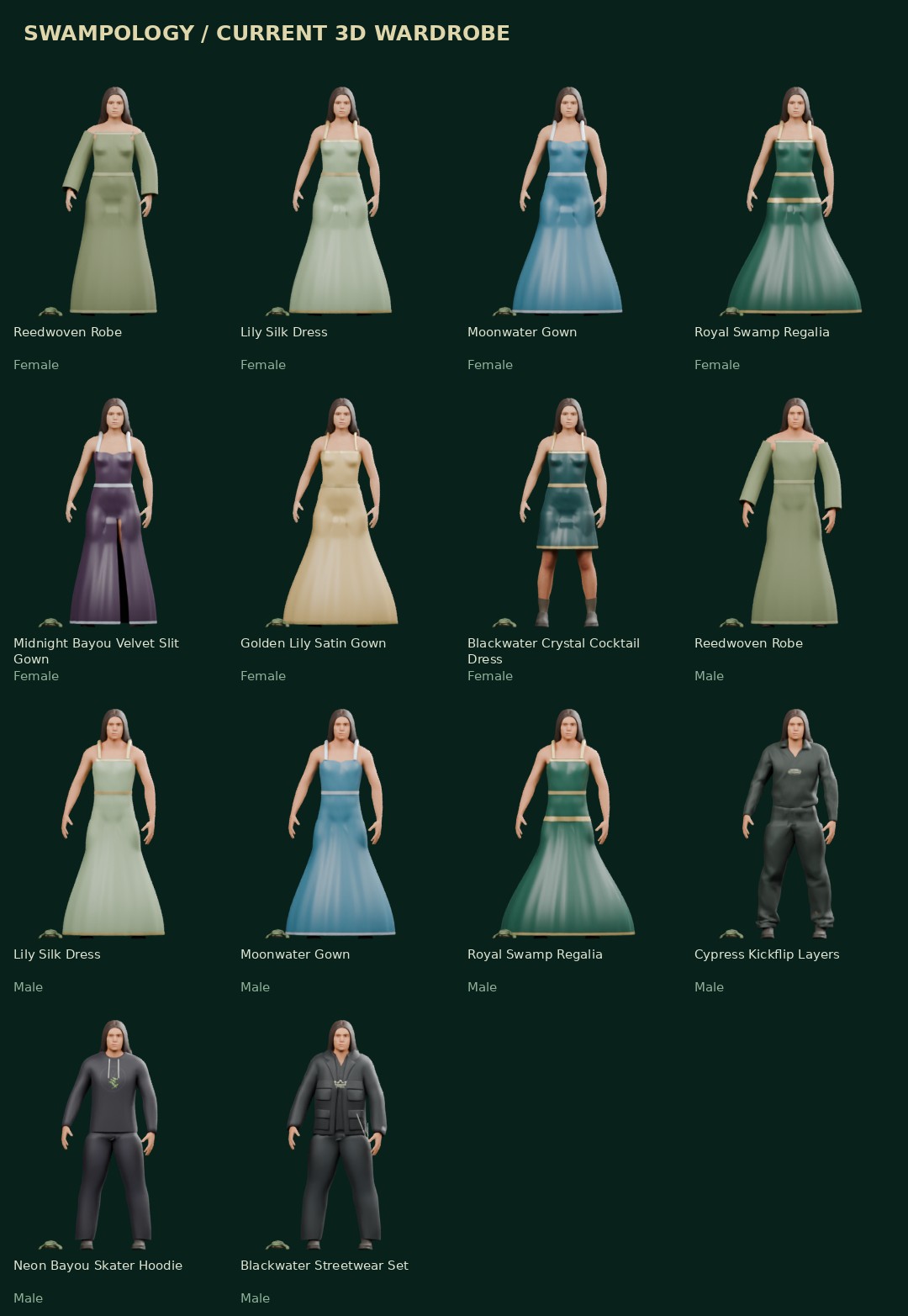 Current Swampology 3D gowns, dresses and skater outfits
