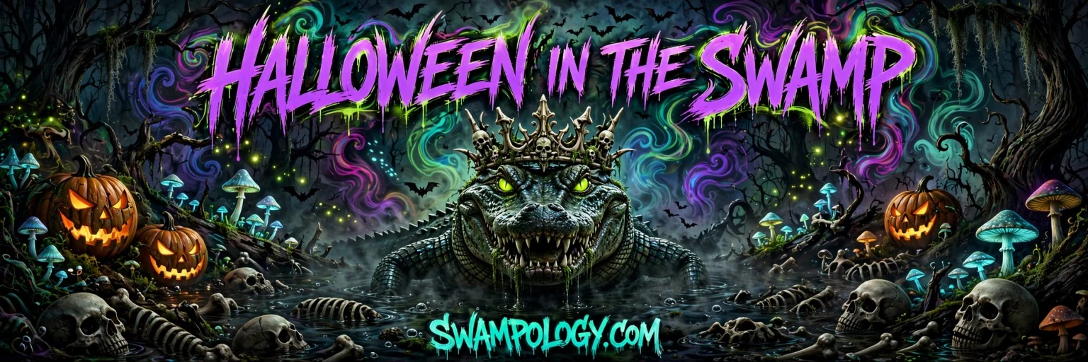 Halloween in the Swamp — the crowned Crocodile King among pumpkins and glowing mushrooms