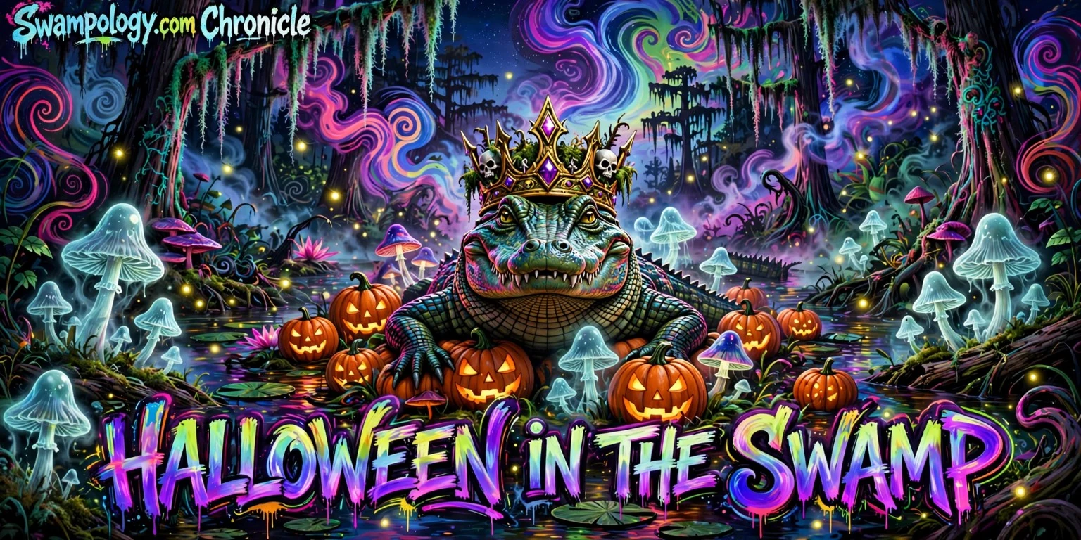The Crocodile King celebrates Halloween with jack-o'-lanterns and ghost glowshrooms in the swamp