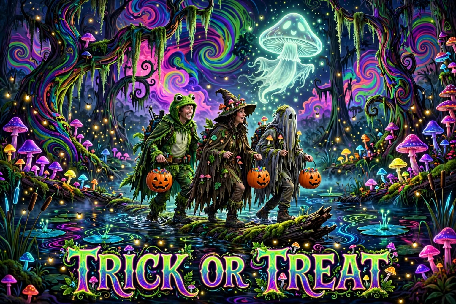 Costumed swamp trick-or-treaters carrying pumpkin buckets beneath a ghost glowshroom