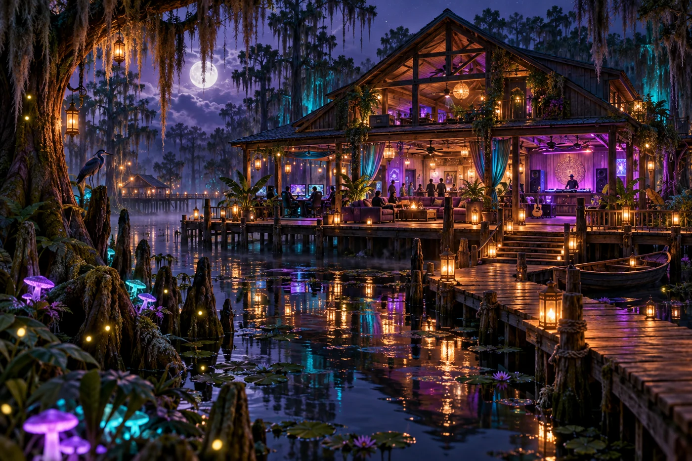 A lantern-lit swamp clubhouse for gaming, music and the community