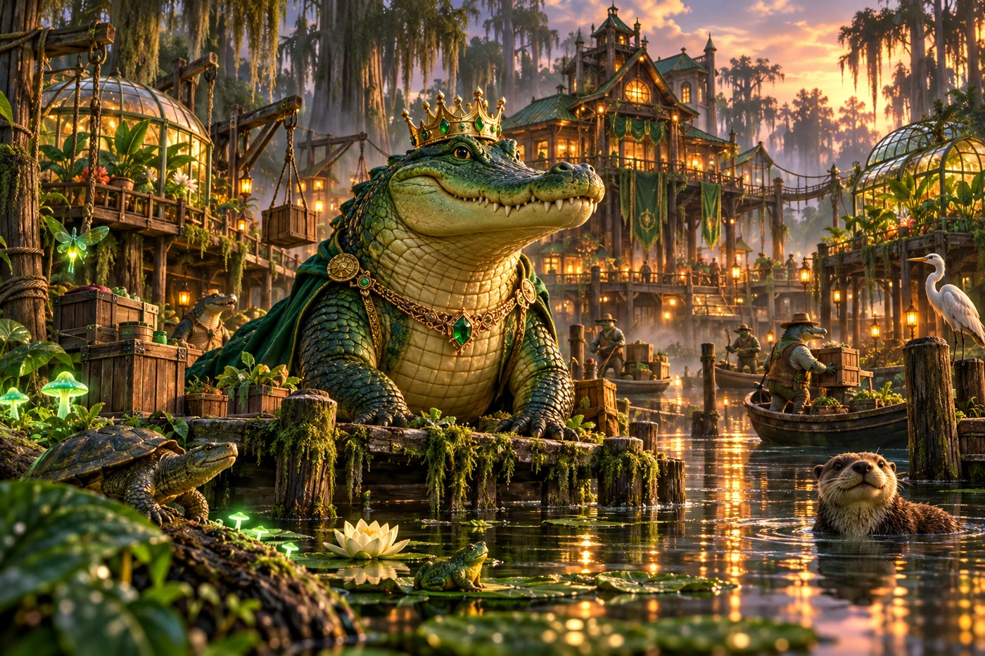 Crowned alligator overlooking a thriving swamp empire at sunset