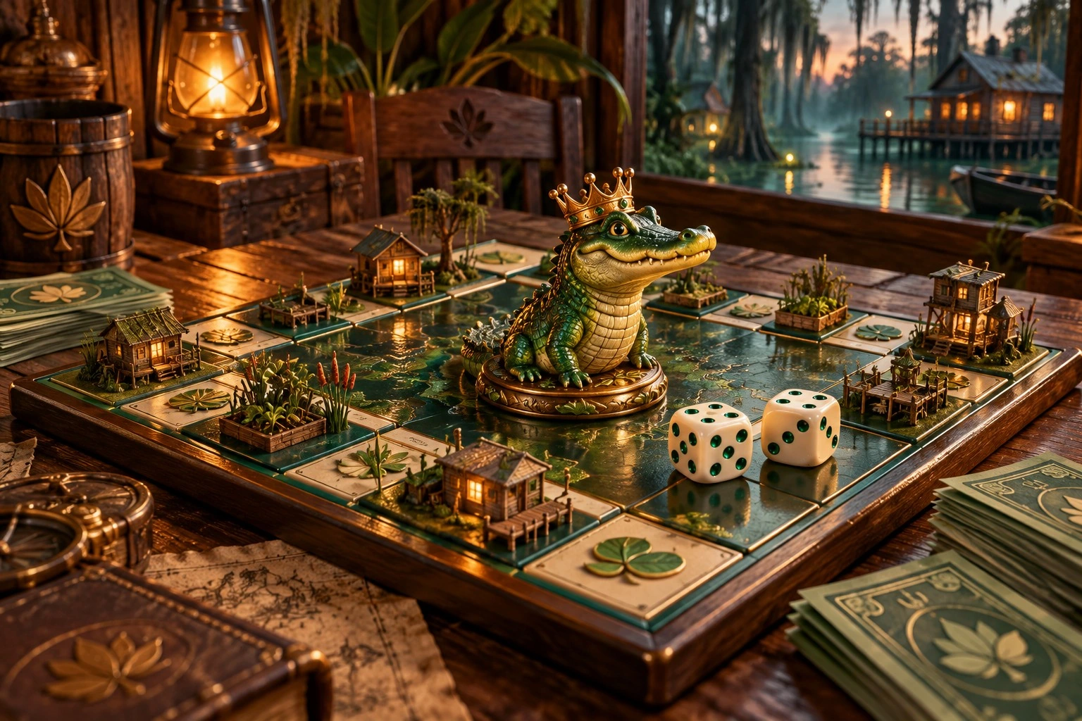 Original Swampnopoly artwork: crowned alligator, dice and swamp properties on a board
