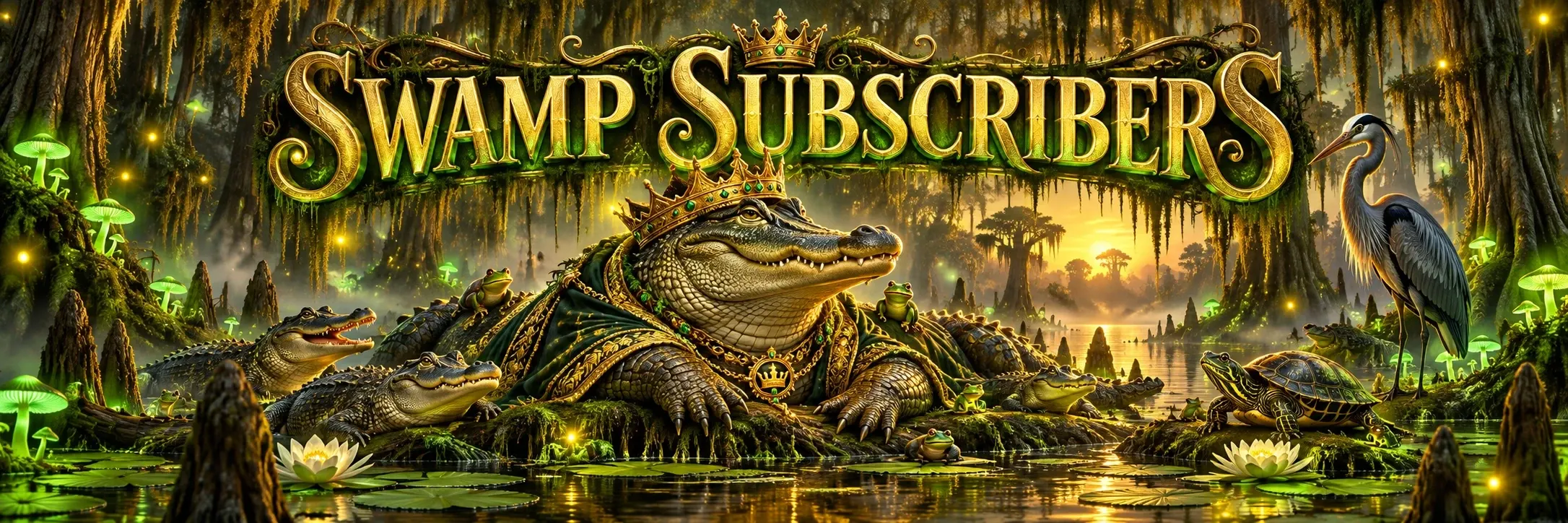 Swamp Subscribers — the Crocodile King and his family of swamp creatures in a glowing cypress swamp