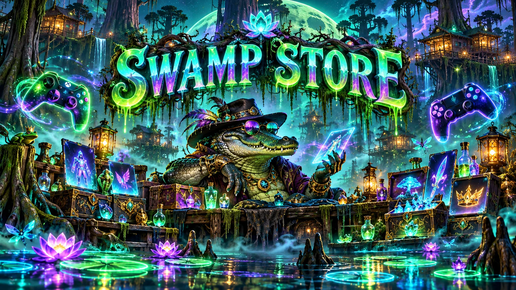 A psychedelic swamp market with a gator merchant and glowing treasures beneath a Swamp Store sign